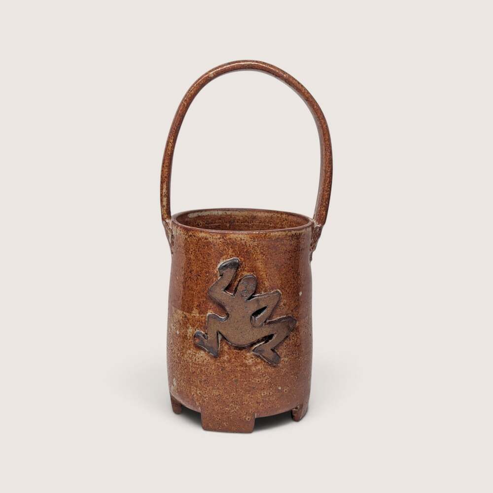 Vintage Studio Pottery Stoneware Basket Handled Frog Planter Vase Boho Decor